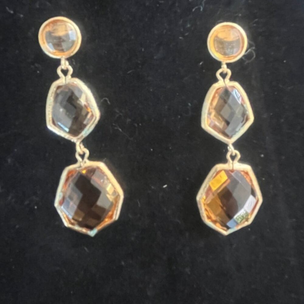Vintage Womens' 3-Tier Hexagon Amber Glass Dangle‎ Earrings with post-backs